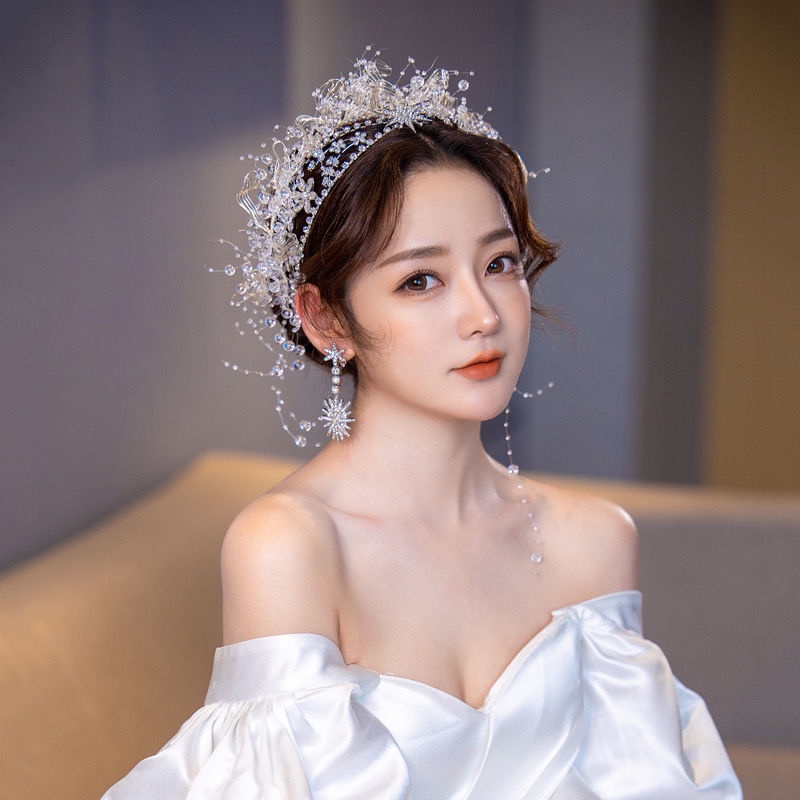 Băng Đô Cài Tóc Đính Đá Pha Lê Lấp Lánh Phối Tua Rua Thời Trang Cho Cô Dâu