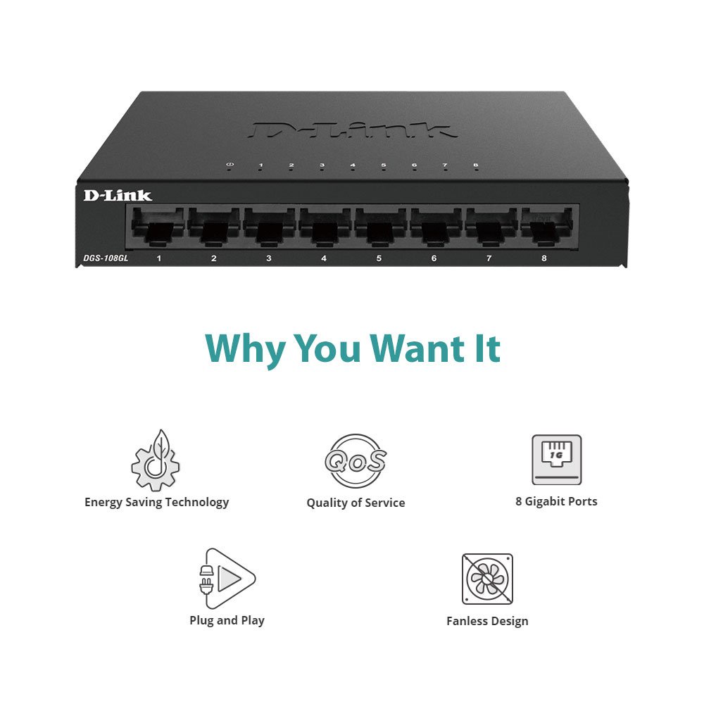 Gigabit Vỏ thép- Bộ chia mạng Switch 8 cổng RJ45 10/100/1000 Mbps-D-LINK DGS-108GL - Hàng Chính Hãng