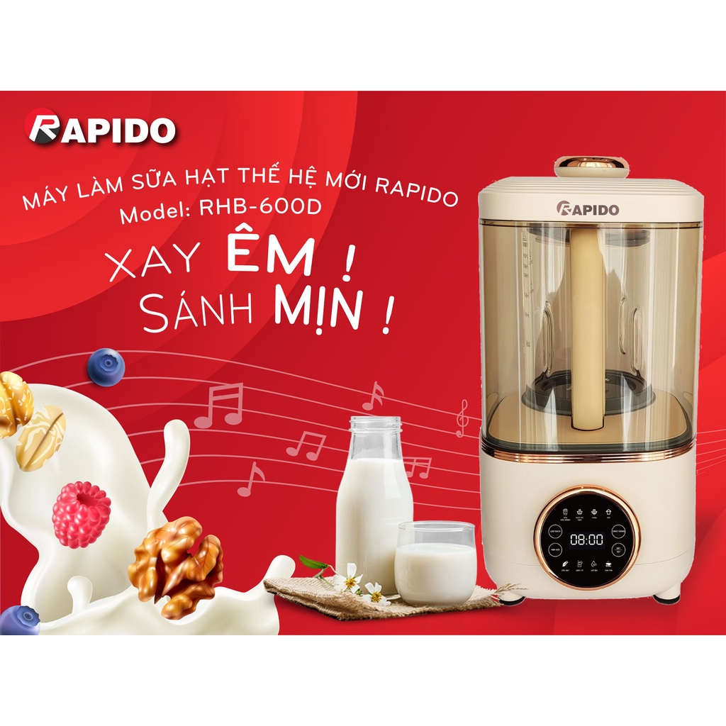 Máy làm sữa hạt rapido 600 RHB-600D, máy làm sữa hạt có lồng chống ồn, máy xay nấu đa năng chính hãng