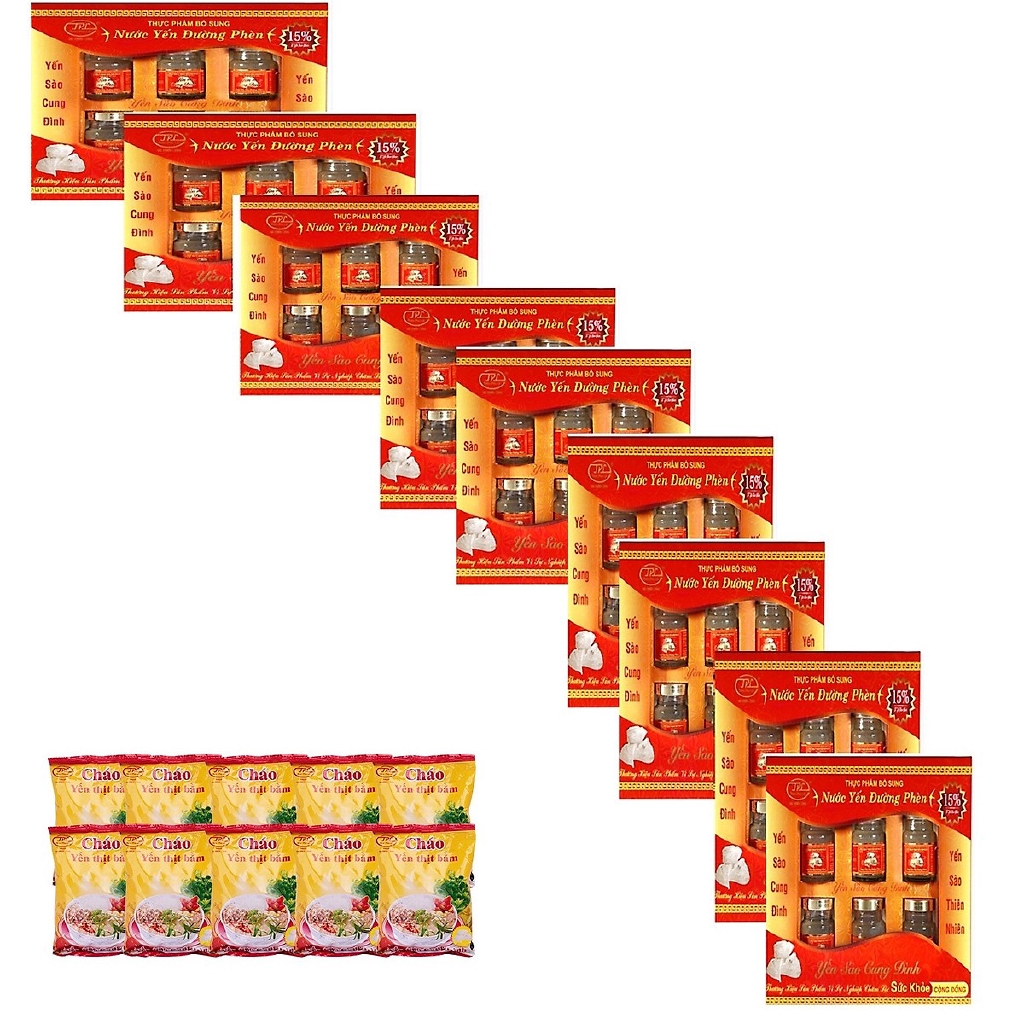 YẾN SÀO CUNG ĐÌNH-Bộ 9 hộp nước yến đường phèn (tổ yến15%) tặng 10 gói cháo yến thịt bằ