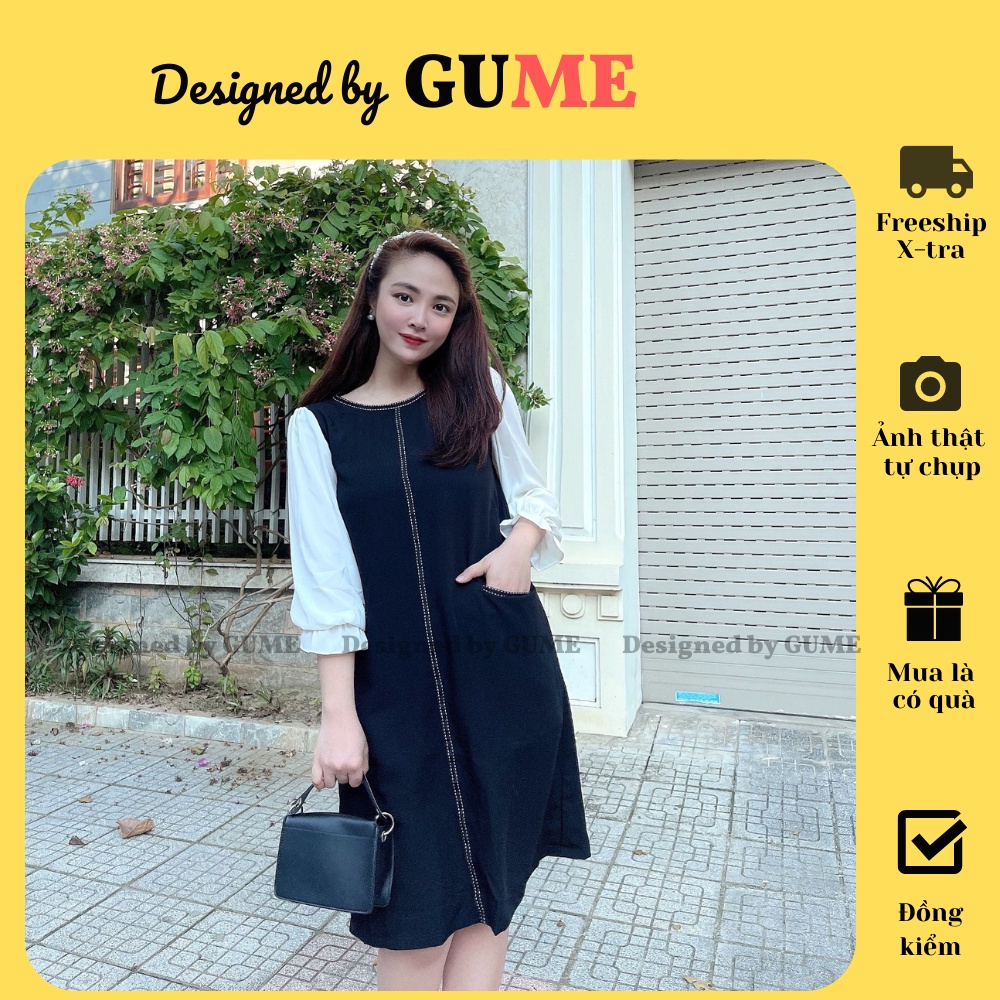 Đầm Bầu Công Sở - Váy Bầu GUME màu đen dáng suông phối tay trắng bo chun điệu đà MB115- ảnh thật