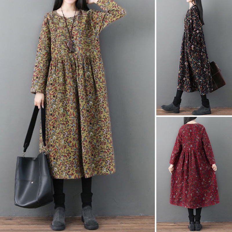 ZANZEA Đầm Maxi Tay Dài Cổ Tròn Dáng Dài Rộng Thời Trang Hàn Quốc