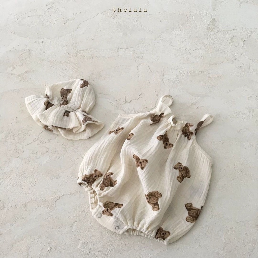 Bộ Quần Áo Mùa Hè Không Tay In Hình Gấu Hoạt Hình Có Mũ Cho Bé 0-2 Tuổi