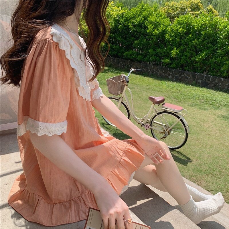 Đồ Ngủ Style Hàn Quốc - Đồ Bộ Nữ Mặc Nhà Tiểu Thư chất đũi phối viền bèo Ulzzang