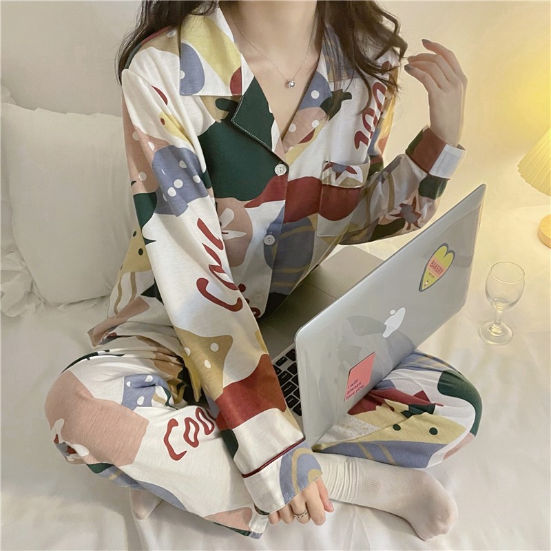 Bộ Đồ Ngủ Tay Dài Dáng Rộng Phong Cách Hàn Quốc Thời Trang Cho Nữ