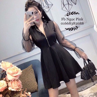 Đầm khoá cổ phối tay ren