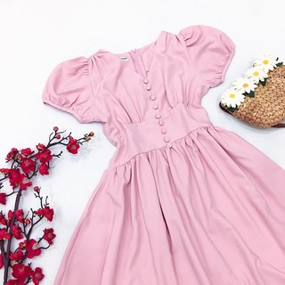 Đầm babydoll hồng dễ thương đính nút bọc size S dưới 45kg (kèm hình thật)