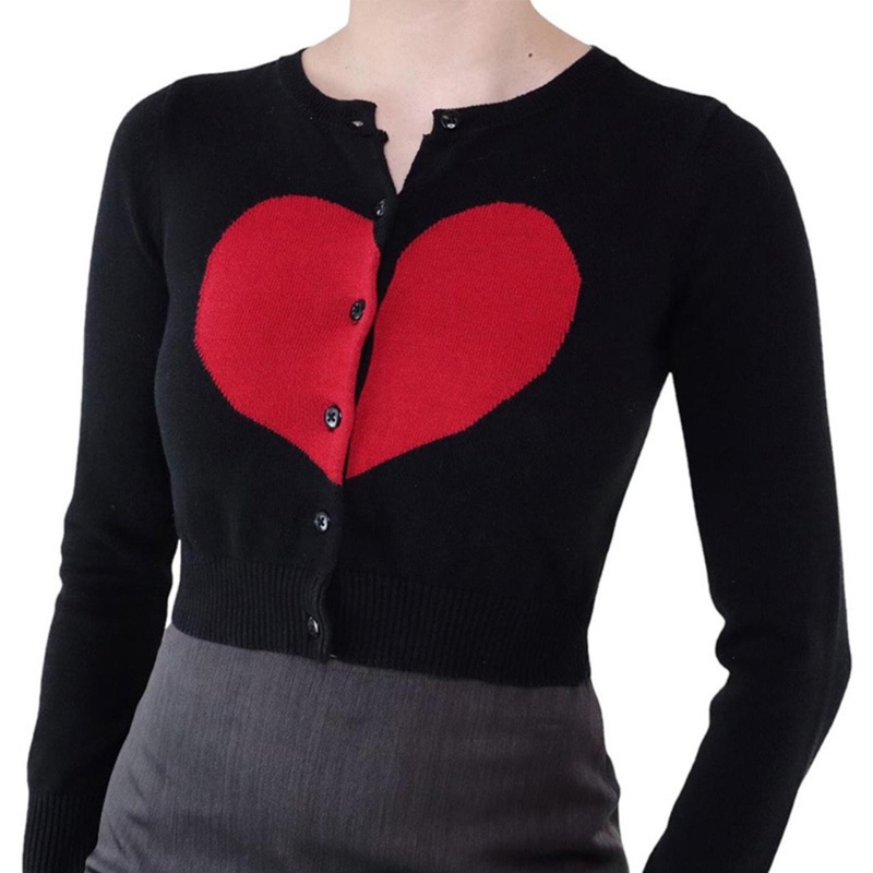 Áo Khoác Cardigan Dệt Kim Tay Dài Dáng Ôm Cài Khuy Họa Tiết Trái Tim Dễ Thương Cho Bạn Gái