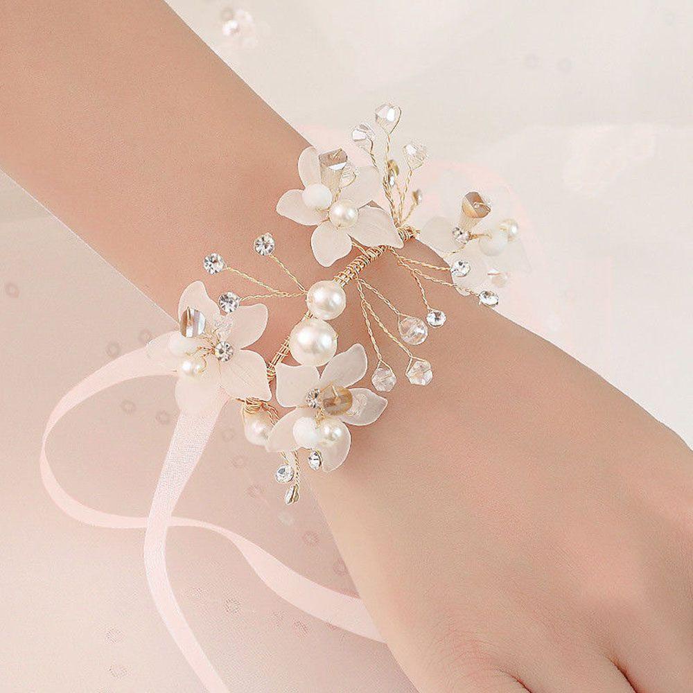 BORAGE Wedding Prom Party Bride Wrist Flower Dancing Party Decor Flower Bracelet Hand Flowers Fashion Pearl|Bridal Prom Accessories Wedding Supplies Lace-up Hand Flower Bridesmaid Bracelet