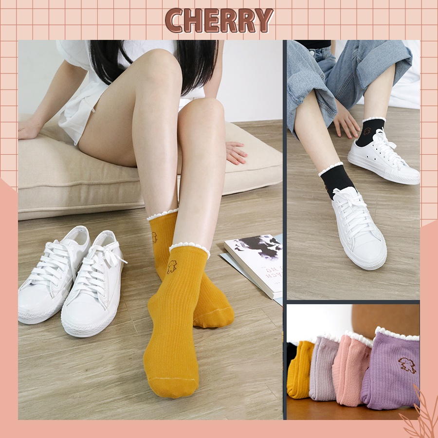 Tất nữ cổ cao viền bèo họa tiết hoạt hình style Hàn Quốc chống nắng thoáng khí- Cherry Shop