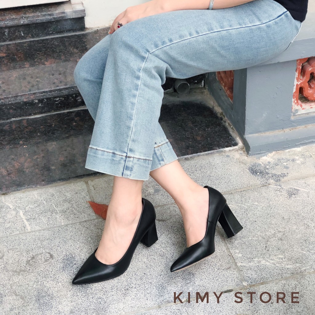 Giày cao gót công sở nữ VNXK da bò, gót trụ loe kiểu lạ 7cm-Dáng basic mũi nhọn