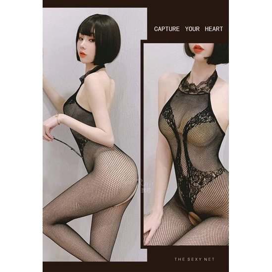 Bộ body stocking ôm body cổ yếm liền quần tôn dáng quyến rũ
