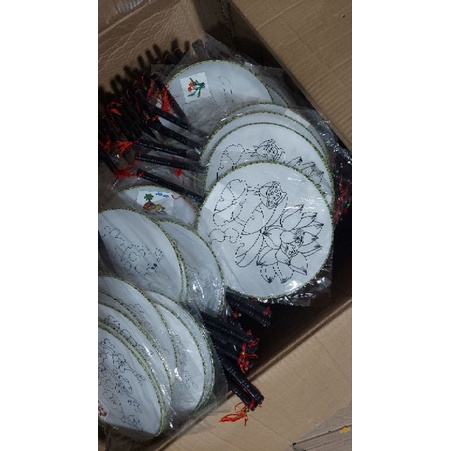 Combo 10 tranh quạt vải cán gỗ kèm màu