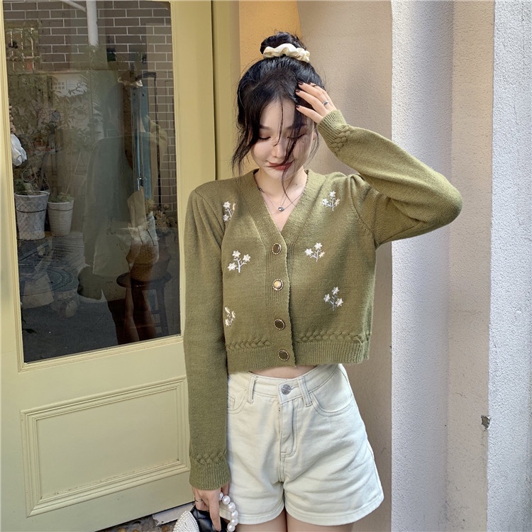 Áo Cardigan Dệt Kim Tay Dài Thêu Họa Tiết Phong Cách Hàn Quốc Dễ Phối Đồ