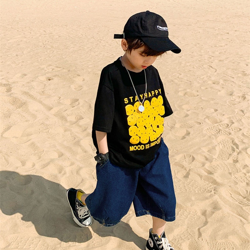 Áo Thun Cotton Tay Ngắn Dáng Rộng In Chữ Thoải Mái Thời Trang Mùa Hè Cho Bé Trai