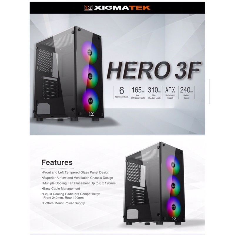 Vỏ Case Xigmatek Hero Fom ATX KÈM 5 Fan Led RGB Màu Siêu Đẹp Chính Hãng Full Box