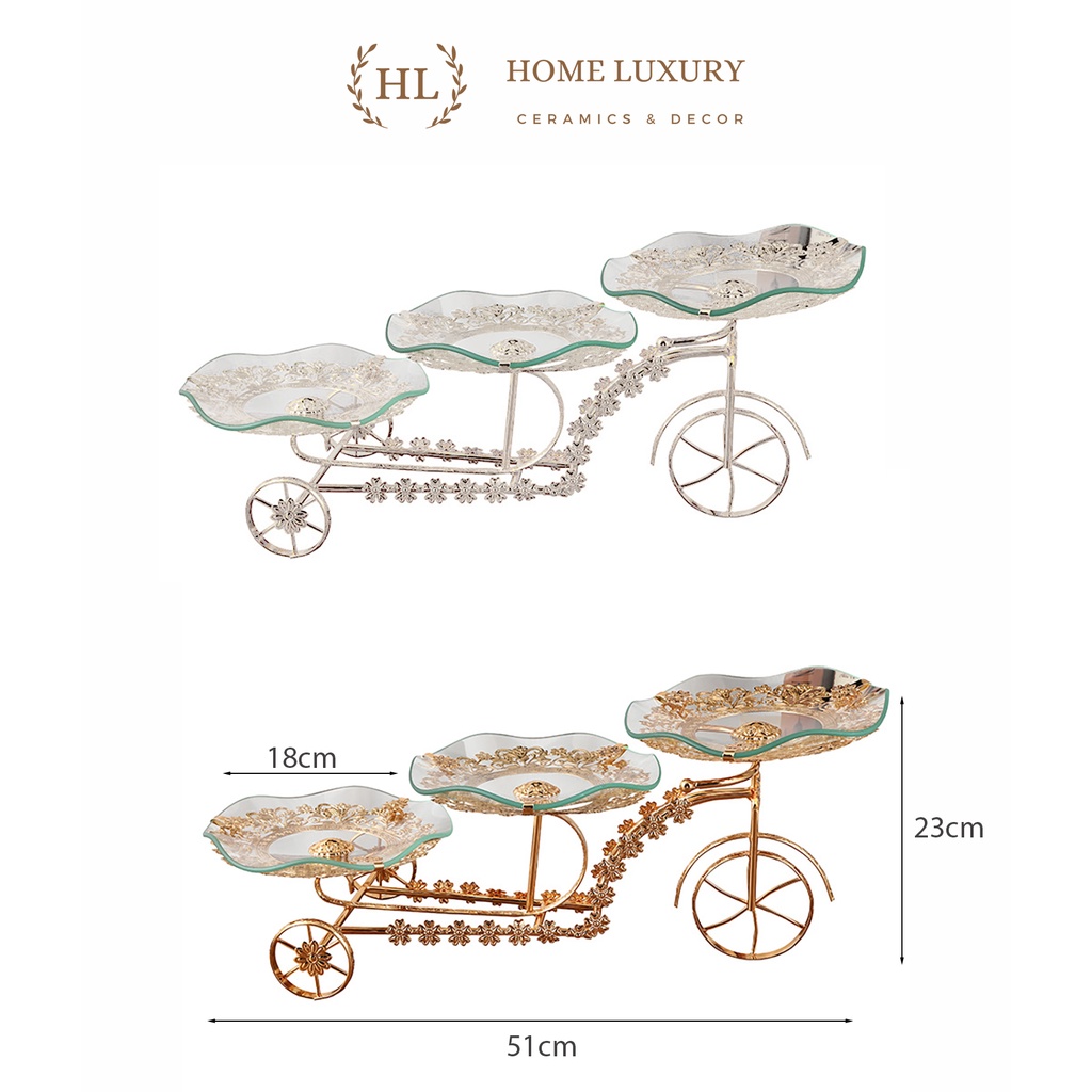 KỆ ĐỂ BÁNH HOA QUẢ 3 TẦNG HÌNH THUYỀN HỢP KIM ĐĨA KÍNH CƯỜNG LỰC CAO CẤP CHO SỰ KIỆN