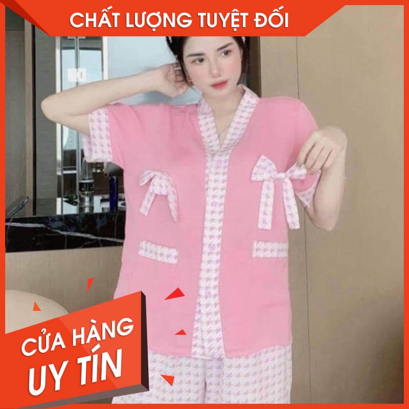 Bộ đồ ngủ kiểu mango vải Kate mềm dưới 60kg hoa tiết đẹp, có nơ và túi, giá rẻ