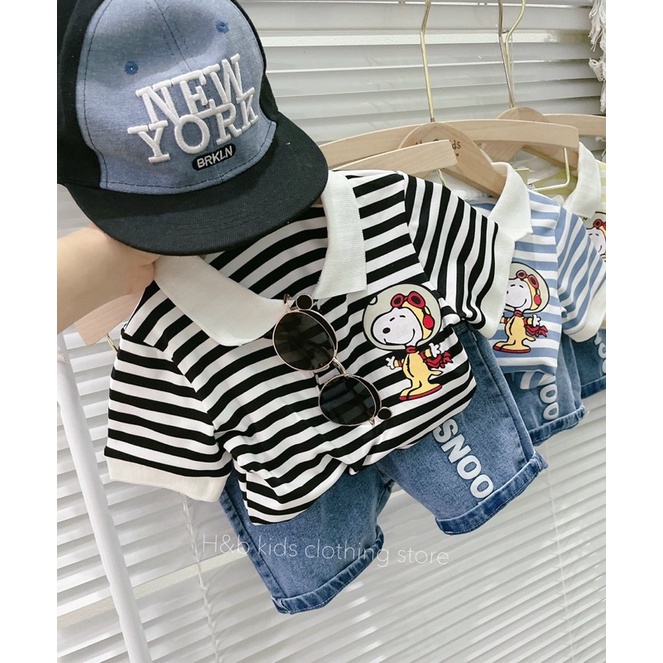 Set hàng thiết kế áo polo kẻ sọc và quần jean xanh siêu đẹp cho bé trai