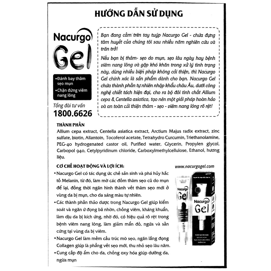[Chính Hãng] Nacurgo gel tuýp 20gr, giúp làm mềm sẹo, là phẳng sẹo mới, thu nhỏ sẹo lâu năm,chống oxy hóa giúp dưỡng da