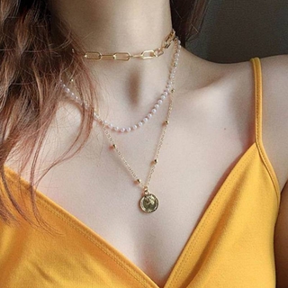 Alloy Head Coin Pearl Necklace Multilayer Pendant Necklace