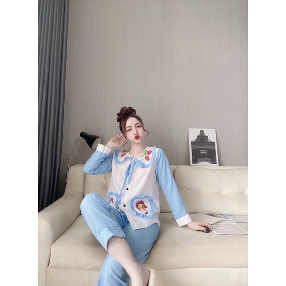 Set đồ bộ mặc nhà tiểu thư, cổ bèo thắt nơ, vải lụa hàn siêu mềm mịn, pijama tay dài quần dài