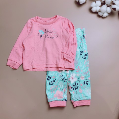 Bộ cotton George bé gái - hồng little flower quần hoa xanh