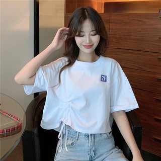 Áo croptop dáng rộng lưng cao phối dây rút kiểu Hàn Quốc cá tính