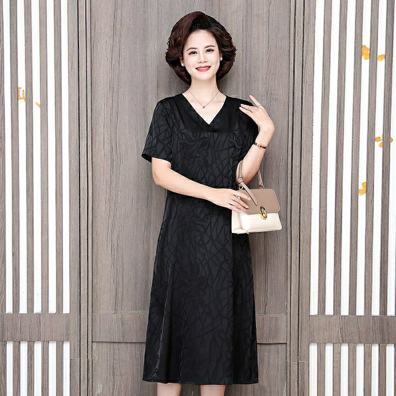 Đầm trung niên đầm nữ trung niên đơn giản Đầm Tay Ngắn Chất Liệu Lụa Thời Trang Mùa Hè Cho Phụ Nữ Trung Niên