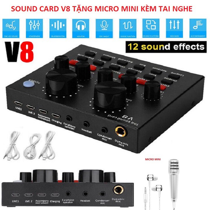 Bộ Sound Card V8 Bluetooth, Tặng Micro Thu Âm Kèm Tai Nghe - Quý Khách Chỉ Việc Hát Luôn Nhé