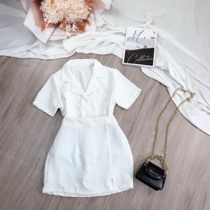 Set Đũi Áo Giả Vest Tay Ngắn Cổ Sơ Mi Chân Váy Ôm Công Sở Thanh Lịch Trắng Đen Nude DRSET08 Mys hitshop 💝