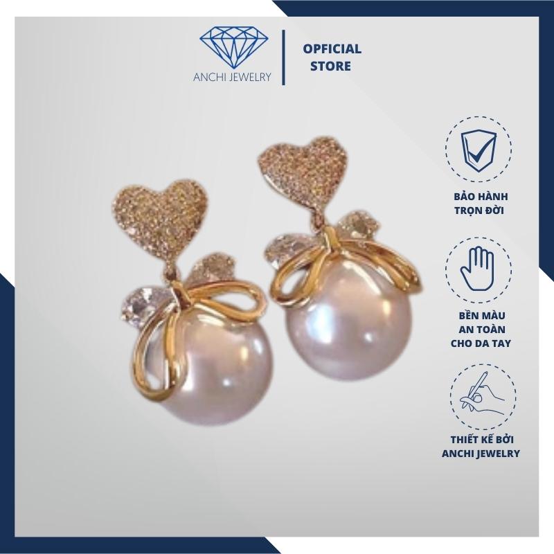Bông tai trái tim thắt nơ đính ngọc trai nhân tạo, chuẩn bạc ý 925 sáng đẹp - Anchi jewlery