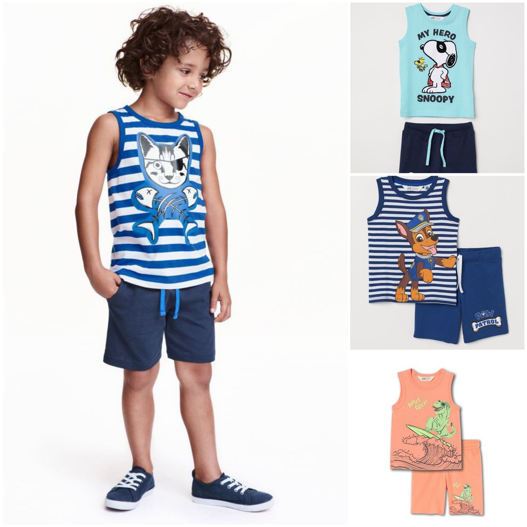 Set bộ ba lỗ bé trai Hm khủng long chất cotton mềm size 2-10 tuổi