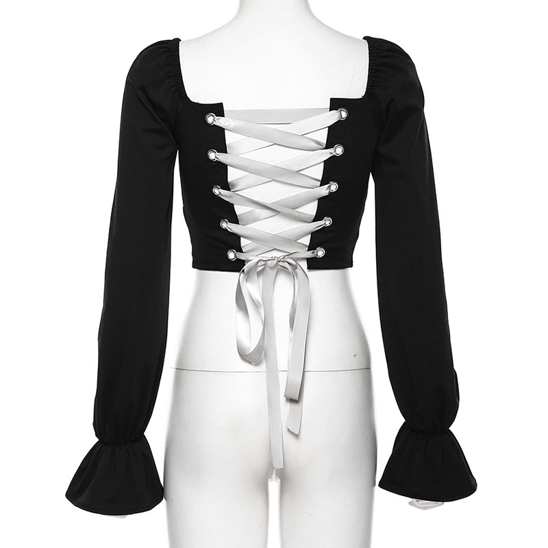Áo croptop cổ vuông tay dài cột dây phong cách quyến rũ cho nữ