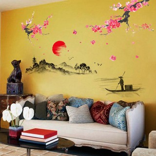Sticker Trang Trí Decal Dán Tường Phòng Khách Tranh Thủy Mặc DKN015