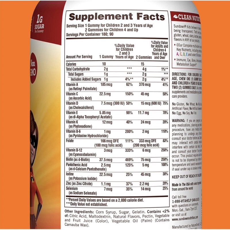 Kẹo dẻo vitamin tổng hợp cho bé Sundown Kids Disney and Pixar Incredibles 2 Multivitamin 60v -180v USA