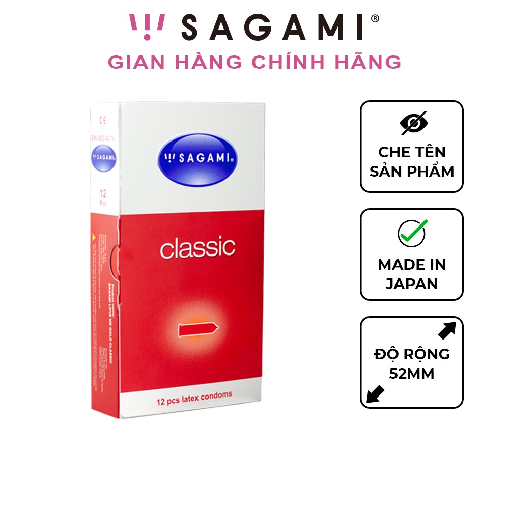 [ CHÍNH HÃNG ] - Bao cao su Sagami Classic, siêu mỏng, Kiểu truyền thống, Nhiều gel bôi trơn - Hộp 12 chiếc