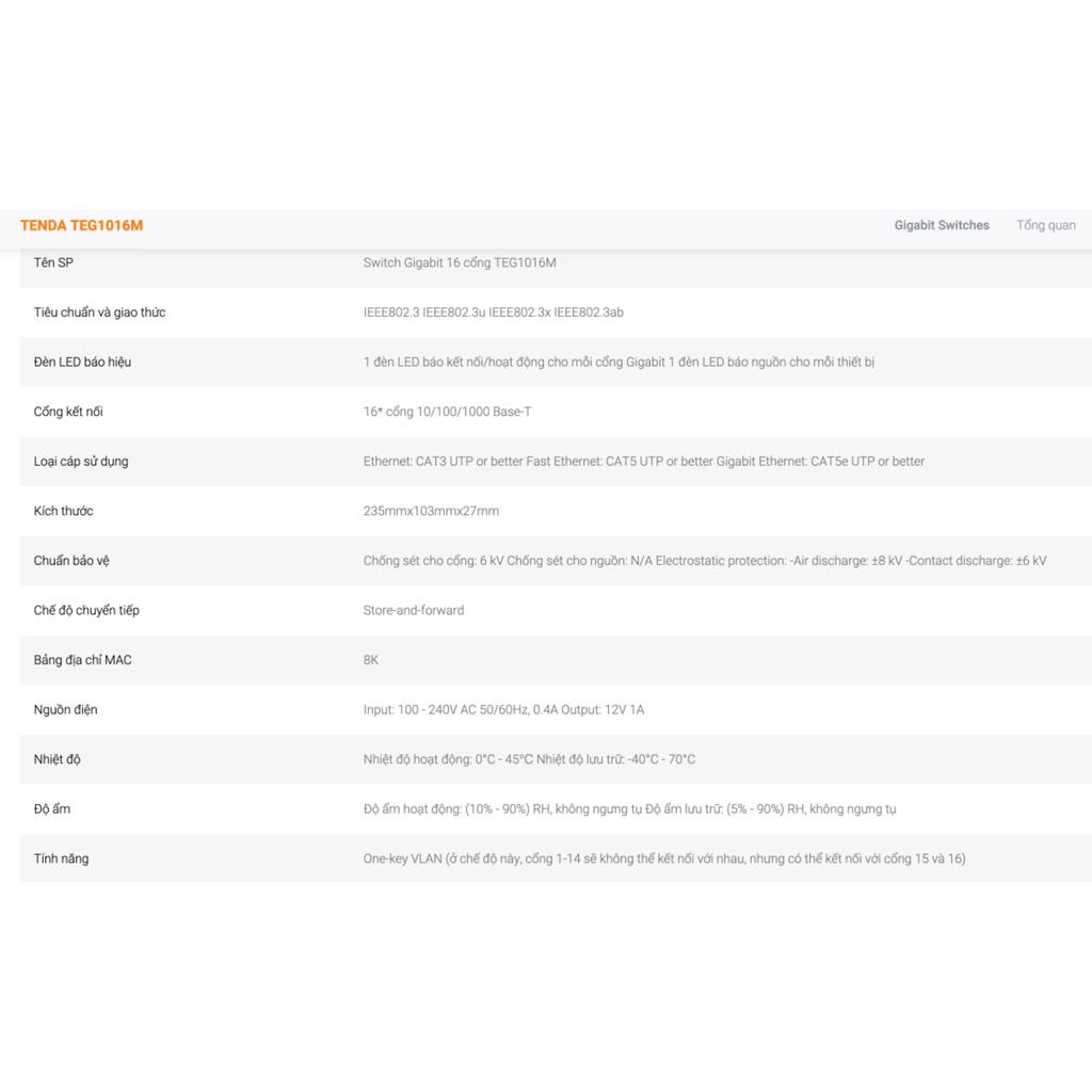 Tenda TEG1016M Switch 16 cổng Gigabit Cao Cấp- Chóng Sét Đánh