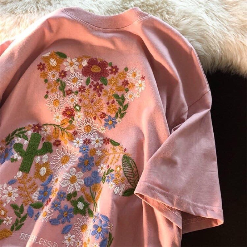 Áo thun nữ phom rộng dấu quần tay lững chất thun cotton họa tiết được thêu xin xò giá rẻ