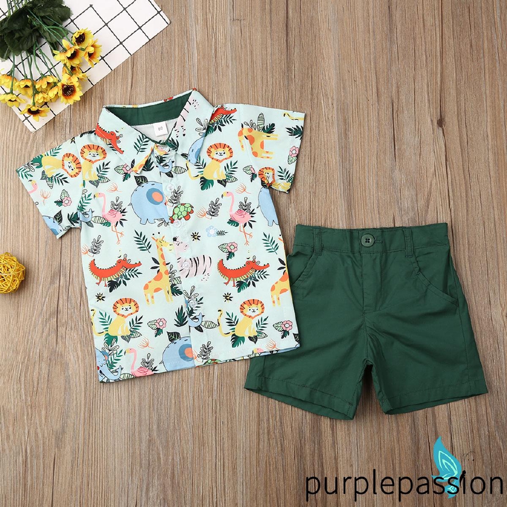 BღBღ✿Toddler Baby Boy Short Sleeve Shirt Tops Short Pants Outfit Summer Beach 2pcs Clothes Set
