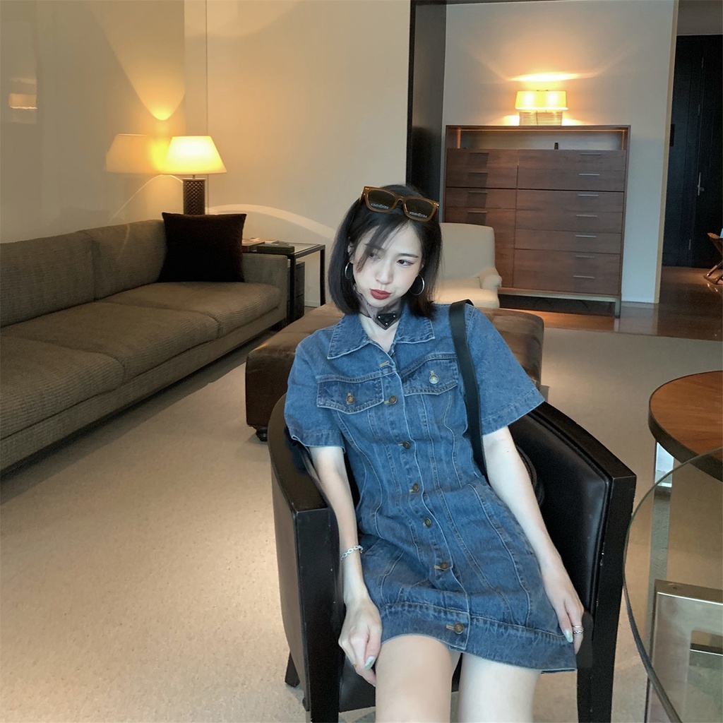 Đầm denim chiết eo thời trang mùa hè mới dành cho nữ 2021