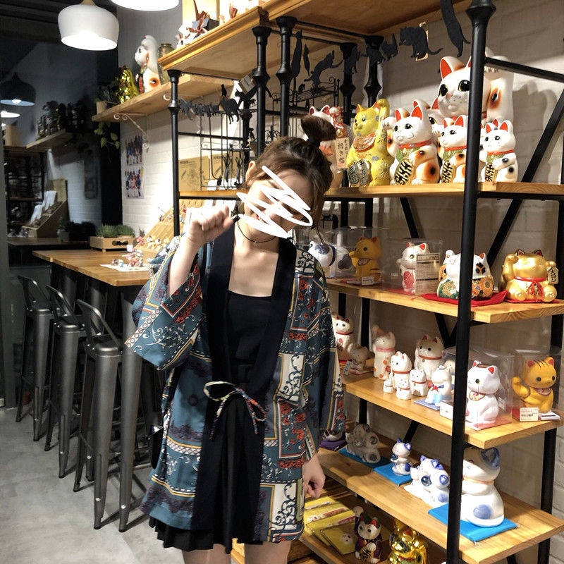 Áo khoác cardigan kiểu Kimono tay ngắn in hoa cổ điển thời trang cho nữ