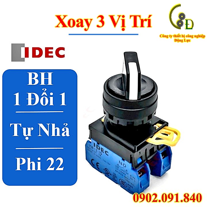 Công tắc xoay chuyển mạch 3 vị trí 45° 2NO phi 22 tự nhả (trả) về 2 bên series IDEC YW1S-33E20, công tắc đề