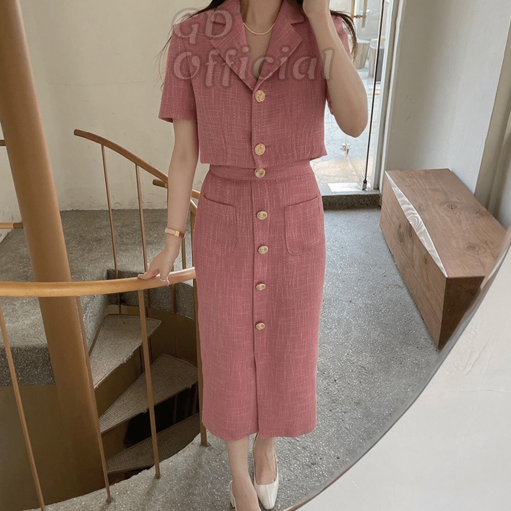 B13|Set bộ nữ áo vest ngắn tay chất đũi dáng croptop, váy  bút chì gd_order