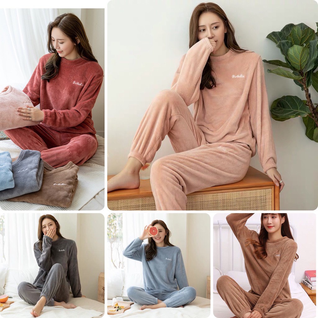 Bộ bông lông cừu thêu chữ D.studio, bộ nỉ mặc nhà dài tay mùa đông HÀNG QUẢNG CHÂU
