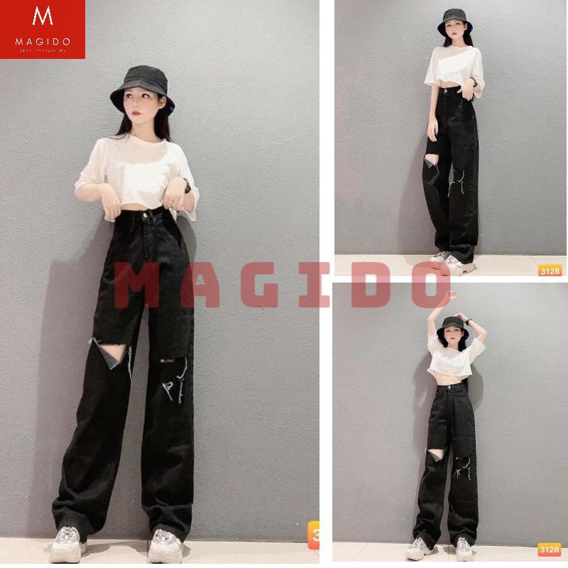 Quần jean nữ 💚quần jean ống rộng ,mầu đen rách gối cực cá tính ,phong cách ulzzang hàn quốc hot MAGIDO