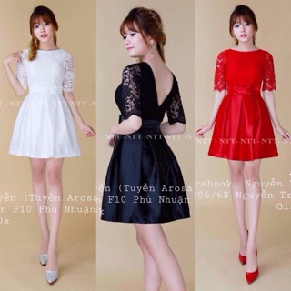 🍒Đầm xoè phối ren nơ eo