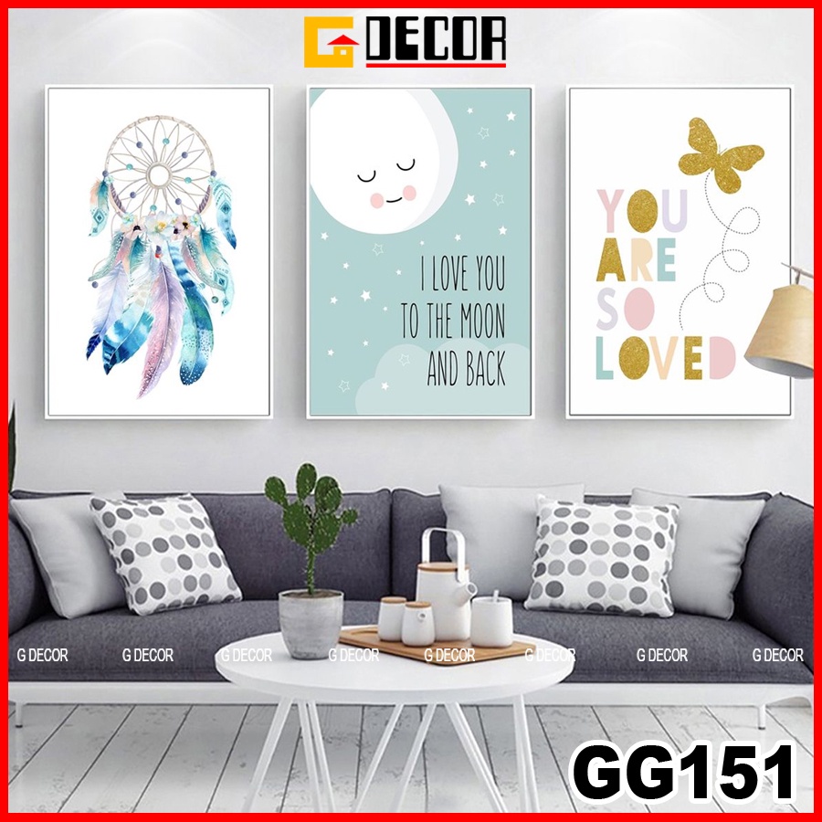 Tranh treo tường canvas khung gỗ 3 bức phong cách hiện đại Bắc Âu 151, tranh ainime trang trí phòng bé, phòng khách, spa