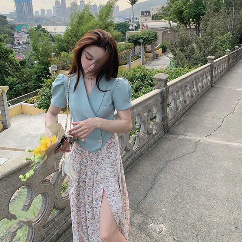 Áo khoác ngắn tay phồng hai hàng nút màu sắc ngọt ngào thời trang mùa hè dành cho nữ | BigBuy360 - bigbuy360.vn