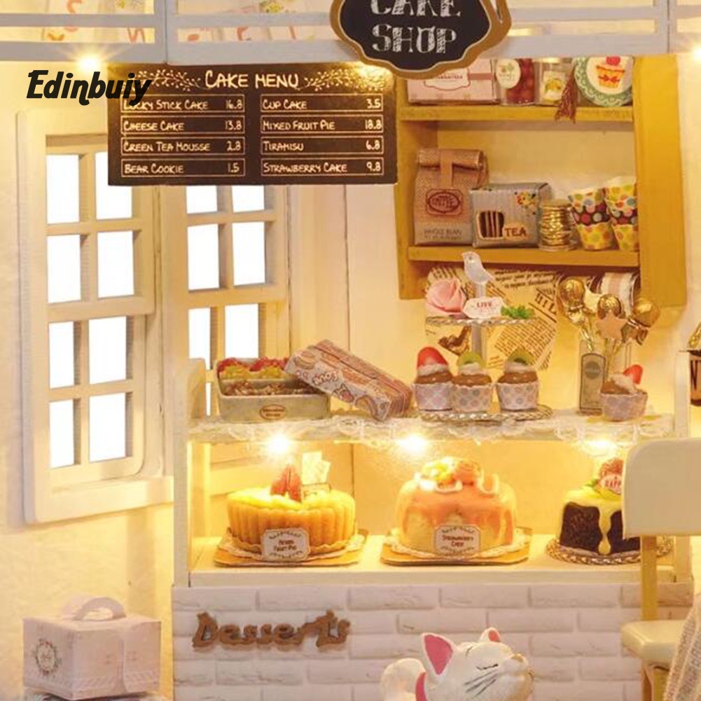 DB Mini LED Doll House Coffee Shop DIY Assembly Model Toy Table Decor Xmas Gift